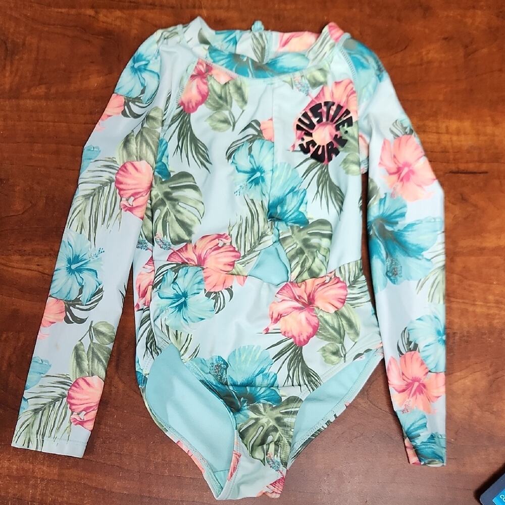 Justice Tropical Floral Kids Swim Rashguard - Blue and Pink